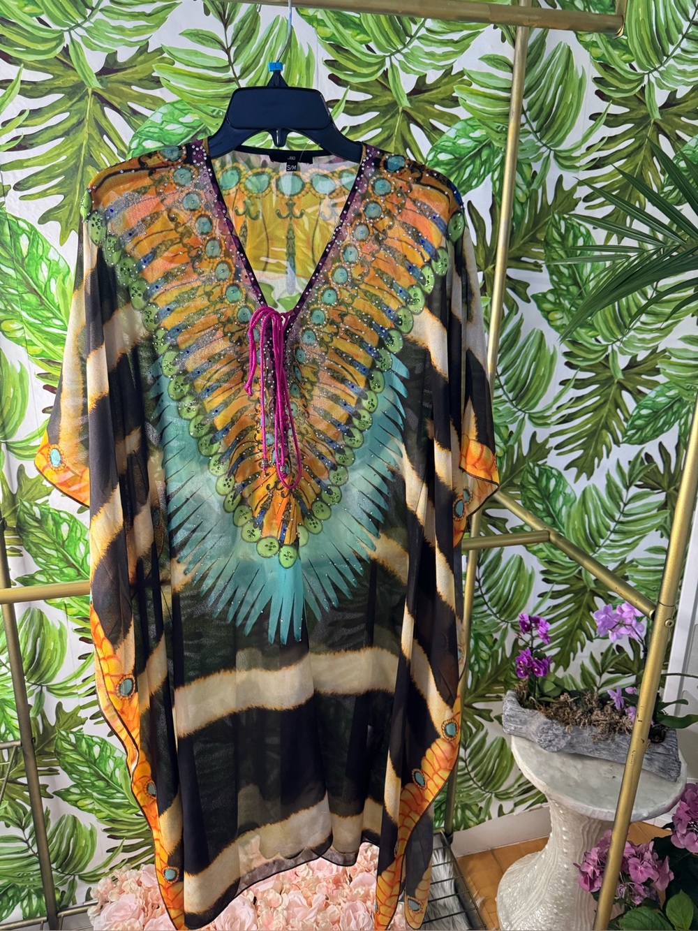 Women's Sheer Embellished V-Neck Kaftan Tunic - Multi